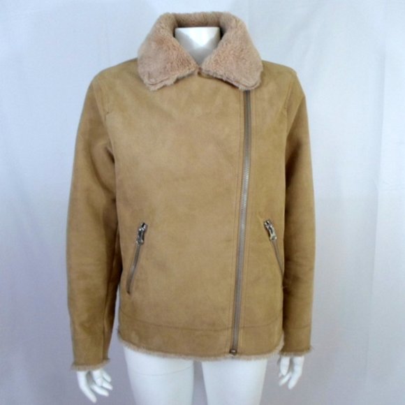 H&M Divided Tan Faux Suede Moto Jacket Full Zip Faux Fur Lined - Picture 2 of 7
